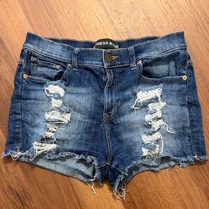 Express High Waisted Dark Blue Ripped Jean Shorts